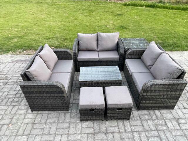 Fimous Outdoor Garden Furniture Sets 8 Seater Wicker Rattan Furniture Sofa Sets with Rectangular Coffee Table Love Sofa Side Table 2 Small Footstools - image 1