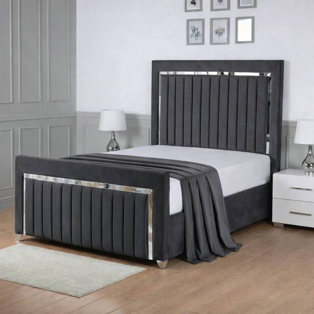Living Comfort Bedz Chrome Edge Upholstered Slatted Base Bed with 48 Inch Headboard in Charcoal - Size: Single - image 1