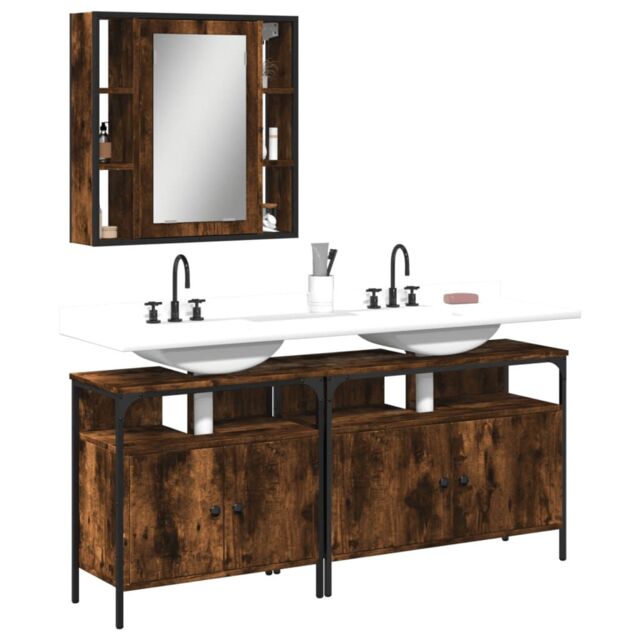 Berkfield Home 3 Piece Bathroom Cabinet Set Smoked Oak Engineered Wood in Brown - image 1