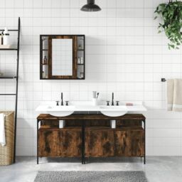 Berkfield Home 3 Piece Bathroom Cabinet Set Smoked Oak Engineered Wood in Brown - thumbnail 3