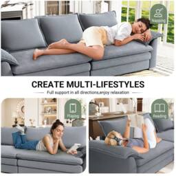 Dprodo 265CM Chenille Sofa Sleeper Deep Seat Couch in Grey - thumbnail 7