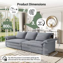 Dprodo 265CM Chenille Sofa Sleeper Deep Seat Couch in Grey - thumbnail 2