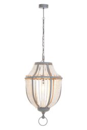 Orsina White Grey Wooden Bead Chandelier, Rustic Boho Hanging Light Fixture, Handmade Basket Drop Pendant