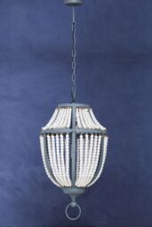 Orsina White Grey Wooden Bead Chandelier, Rustic Boho Hanging Light Fixture, Handmade Basket Drop Pendant - thumbnail 4