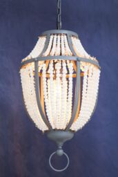Orsina White Grey Wooden Bead Chandelier, Rustic Boho Hanging Light Fixture, Handmade Basket Drop Pendant - thumbnail 3