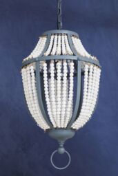 Orsina White Grey Wooden Bead Chandelier, Rustic Boho Hanging Light Fixture, Handmade Basket Drop Pendant - thumbnail 2