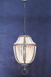 Orsina White Grey Wooden Bead Chandelier, Rustic Boho Hanging Light Fixture, Handmade Basket Drop Pendant - thumbnail 5