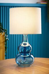 ValueLights Aida Natural Linen Tall Lamp Shade Bright Bubble Glass Table Lamp in Bright Blue