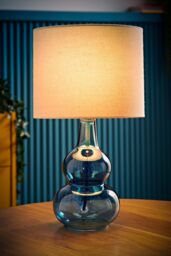 ValueLights Aida Natural Linen Tall Lamp Shade Bright Bubble Glass Table Lamp in Bright Blue - thumbnail 2