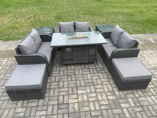 Fimous Rattan Outdoor Garden Furniture Sofa Set Gas Fire Pit Dining Table Gas Heater with 2 Side Tables Love Sofa 2 Big Footstool in Dark Grey - image 1