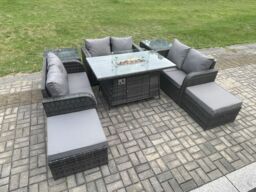 Fimous Rattan Outdoor Garden Furniture Sofa Set Gas Fire Pit Dining Table Gas Heater with 2 Side Tables Love Sofa 2 Big Footstool in Dark Grey - thumbnail 3