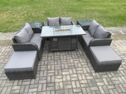 Fimous Rattan Outdoor Garden Furniture Sofa Set Gas Fire Pit Dining Table Gas Heater with 2 Side Tables Love Sofa 2 Big Footstool in Dark Grey - thumbnail 1