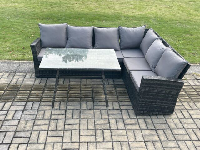 Fimous Outdoor Furniture Garden Dining Set Rattan Corner Sofa Set Rectangular Dining Table with Temper Glass Dark Grey Mixed - image 1