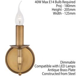 Loops Avery Luxury Single Wall Light Antique Brass Traditional Candelabra Lamp Holder in Metallics - thumbnail 2