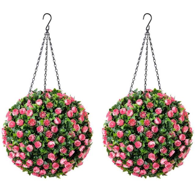 Christow Artificial Rose Topiary Balls UV Hanging Flower Plants 2 x 28cm in Pink - Size: 2 x 28 cm - image 1
