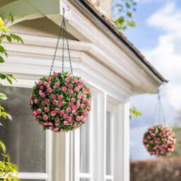 Christow Artificial Rose Topiary Balls UV Hanging Flower Plants 2 x 28cm in Pink - Size: 2 x 28 cm - thumbnail 2
