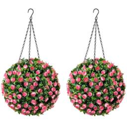 Christow Artificial Rose Topiary Balls UV Hanging Flower Plants 2 x 28cm in Pink - Size: 2 x 28 cm - thumbnail 1