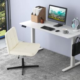 Costway Modern Criss Cross Chair PU Leather Upholstered Armless Cross Desk Chair in Beige - thumbnail 5