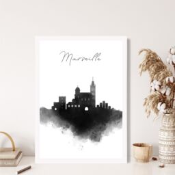 ARTZE Marseille Watercolour Skyline City Framed Print SIZE: A4 with White Frame in Black - thumbnail 2