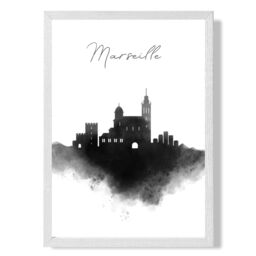 ARTZE Marseille Watercolour Skyline City Framed Print SIZE: A4 with White Frame in Black - thumbnail 1