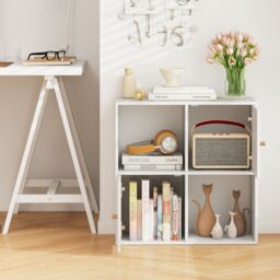 Costway 4-Cube Bookcase 3-Tier Bookshelf Storage Organizer w/2 Cabinets in White - thumbnail 3