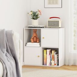 Costway 4-Cube Bookcase 3-Tier Bookshelf Storage Organizer w/2 Cabinets in White - thumbnail 4