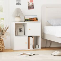 Costway 4-Cube Bookcase 3-Tier Bookshelf Storage Organizer w/2 Cabinets in White - thumbnail 5