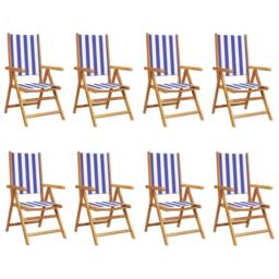 Berkfield Home Reclining Garden Chairs 8 pcs Blue & White Fabric & Solid Wood - thumbnail 1