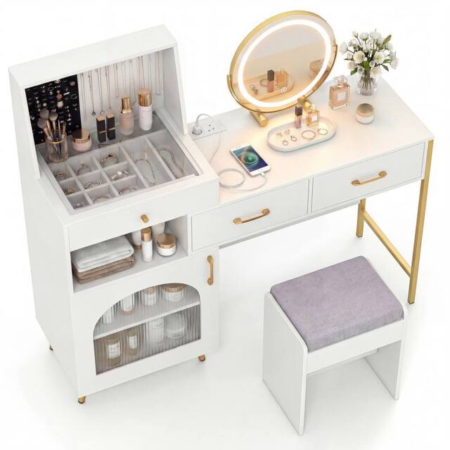 Costway Vanity Desk Set w/ Mirror & Lights Makeup Dressing Table w/ Stool in White - image 1
