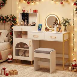 Costway Vanity Desk Set w/ Mirror & Lights Makeup Dressing Table w/ Stool in White - thumbnail 5