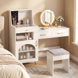 Costway Vanity Desk Set w/ Mirror & Lights Makeup Dressing Table w/ Stool in White - thumbnail 3