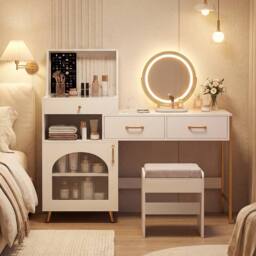 Costway Vanity Desk Set w/ Mirror & Lights Makeup Dressing Table w/ Stool in White - thumbnail 4