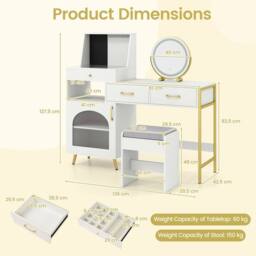 Costway Vanity Desk Set w/ Mirror & Lights Makeup Dressing Table w/ Stool in White - thumbnail 2