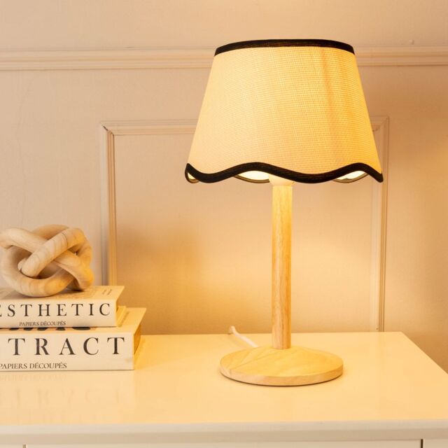 ValueLights Triston Natural Light Wood Stem Table Lamp with Scallop Trim Tapered Lamp Shade in Black - image 1