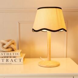 ValueLights Triston Natural Light Wood Stem Table Lamp with Scallop Trim Tapered Lamp Shade in Black - thumbnail 1