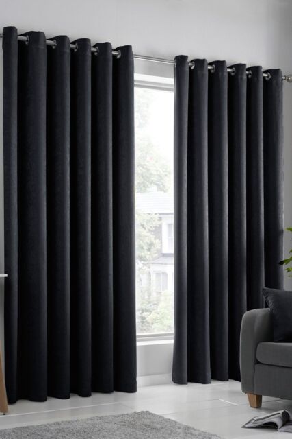 Fusion 'Strata' Triple-Woven Dimout Eyelet Curtains in Black - Size: 229 cm width x 183 cm drop - image 1