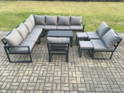Fimous Aluminium Outdoor Garden Furniture Set Patio Lounge Sofa with Oblong Coffee Table 2 Small Footstools Dark Grey - thumbnail 2