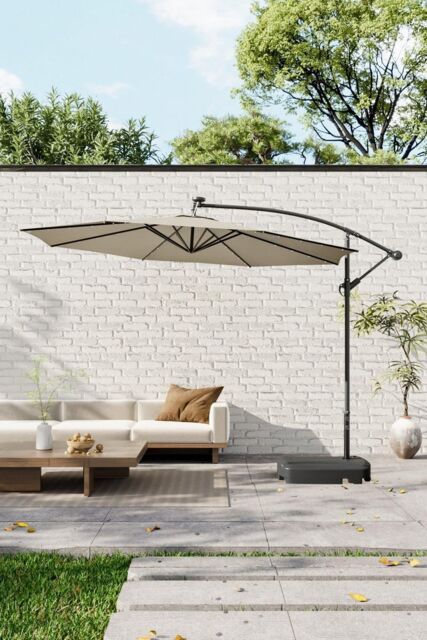 Garden Sanctuary 3m Lighted Garden Parasol with Crank Lift System with Plastic Base in Beige - image 1