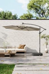 Garden Sanctuary 3m Lighted Garden Parasol with Crank Lift System with Plastic Base in Beige - thumbnail 1