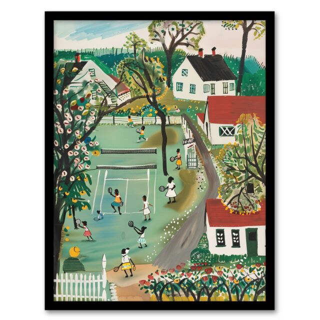 "Artery8 Colourful Tennis Game Houses & Trees Painting Framed Art Print in Green - Size: W12"" x H16""" - image 1