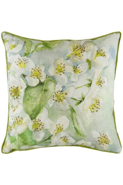 Evans Lichfield Blossoms Pear Hand-Painted Watercolour Printed Cushion in Green - Size: 43 cm x 43 cm