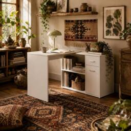 Wyld Haus Conono 173cm White Wood Grain Adjustable L Shaped Desk Drawer