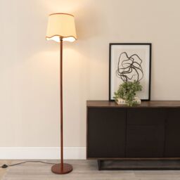 ValueLights Heather Dark Wood Single Stem Floor Lamp with Scallop Edge Tapered Lamp Shade in Burnt Orange - thumbnail 1