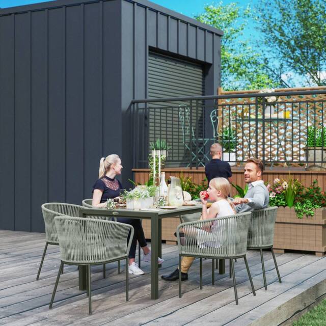 OUTSUNNY 6 Seater Rattan Dining Set with Acacia Wood Table Top Seat Cushions in Grey - image 1