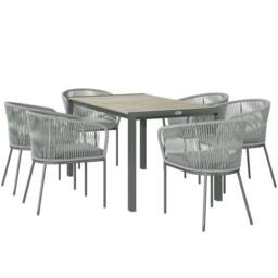 OUTSUNNY 6 Seater Rattan Dining Set with Acacia Wood Table Top Seat Cushions in Grey - thumbnail 2
