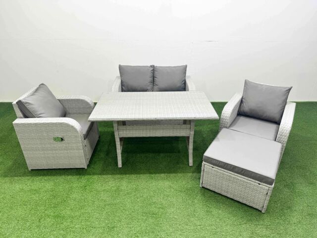 Fimous Light Grey PE Wicker Rattan Garden Furniture Set Sofa Set Reclining Chair Rectangular Dining Table 5 Seater With Footstool - image 1