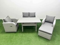 Fimous Light Grey PE Wicker Rattan Garden Furniture Set Sofa Set Reclining Chair Rectangular Dining Table 5 Seater With Footstool - thumbnail 2