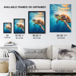"Artery8 Sea Turtle Barbados Marine Swimming Blue Clear Water Extra Large XL Unframed Wall Art Poster Print - Size: W24"" x H32""" - thumbnail 3