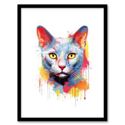 "Artery8 Wall Art Print Russian Blue Cat Lover Gift Pet Portrait Orange Blue Yellow Artwork Painting Art Framed - Size: W12"" x H16""" - thumbnail 1