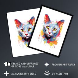 "Artery8 Wall Art Print Russian Blue Cat Lover Gift Pet Portrait Orange Blue Yellow Artwork Painting Art Framed - Size: W12"" x H16""" - thumbnail 2